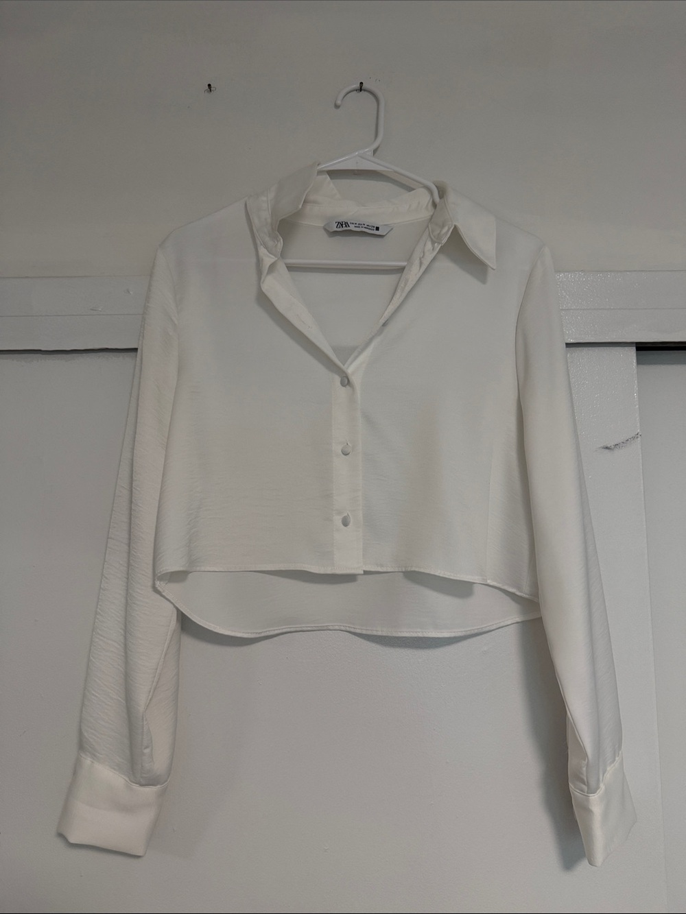 Zara Ivory Cropped Button-Down satin Collared Shirt